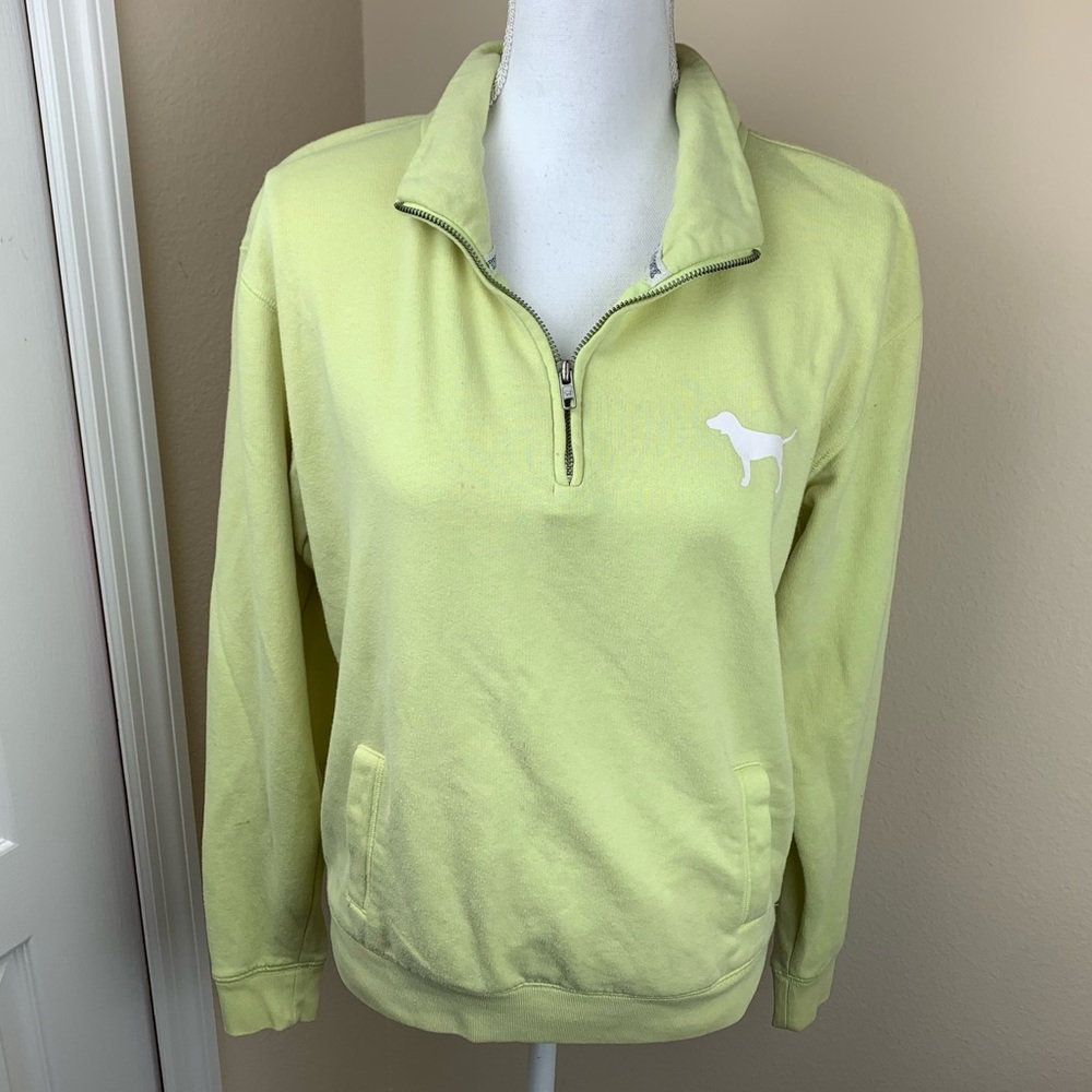 VS PINK Love Pink Back Detail Green Quarter Zip Pullover Sweatshirt - Picture 3 of 15